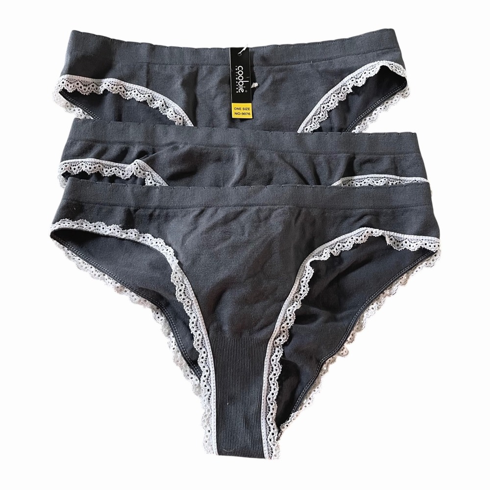 Coobie Lace Trim Panties Womens OS Gray Coquette Seamless Ruched 3 Pack 9076